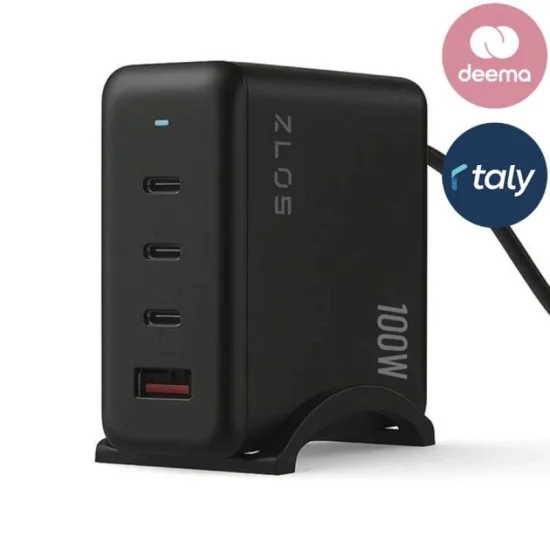 Zlos 100W 4-Port USB-C Gan Charger With Cable & Charging Stand - Black